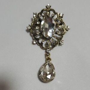 Gold and Silver Ornate Brooch with Crystal Accents Sold As Is No Returns
